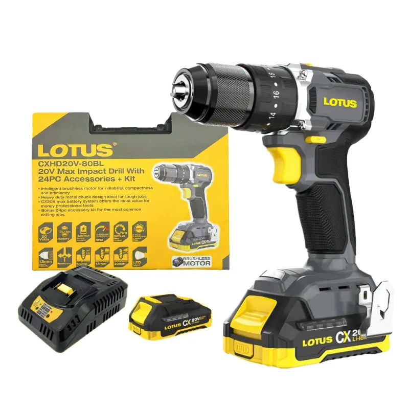 20v brushless cordless impact drill kit w 24pc accessories lotus cxhd20v 80bl 2