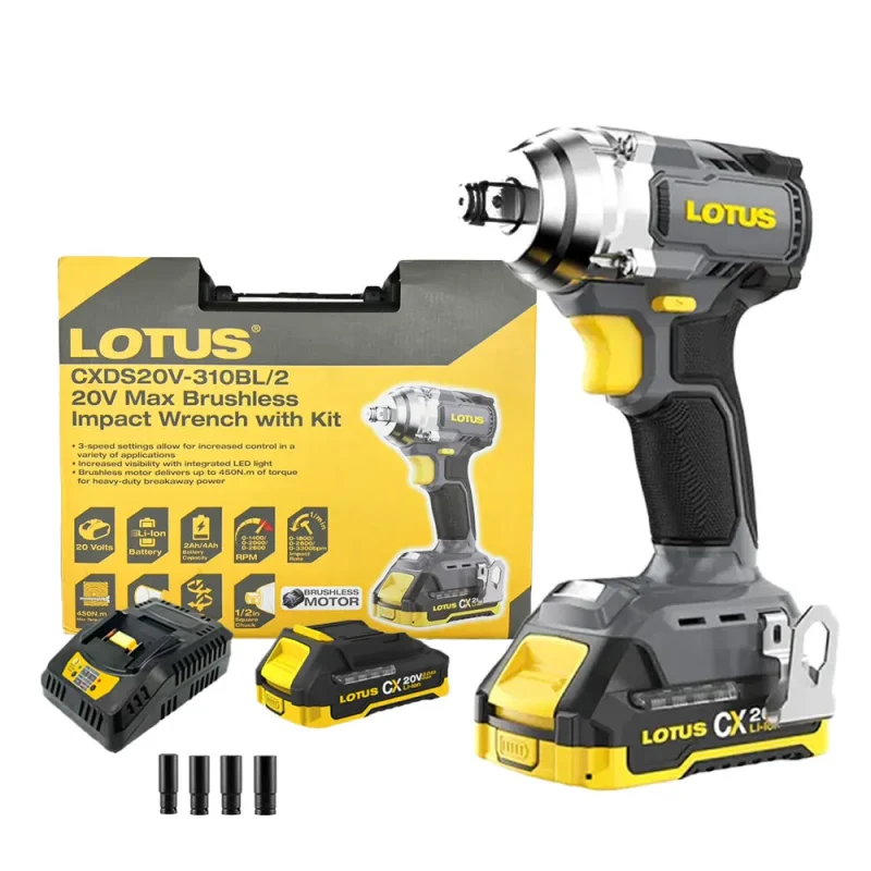 20v cordless impact wrench kit w 4pcs sockets lotus cxds20v 310bl