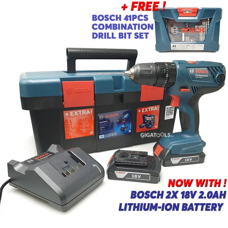 bosch gsb 180 li 18v cordless hammer drill w 2 0ah battery 41pc drill bit set