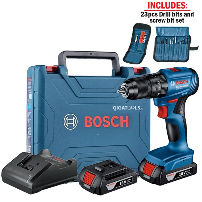 bosch gsb 185 li 18v cordless hammer drill kit with 23pc bit set