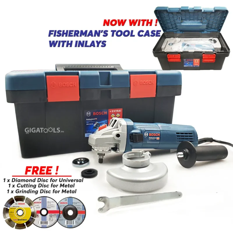 bosch gws 750 100 angle grinder 750w free diamond discs fisherman s tool case