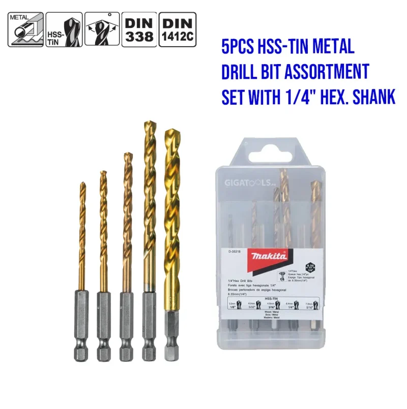 makita 5 piece hss tin drill bit set with 1 4 hex shank